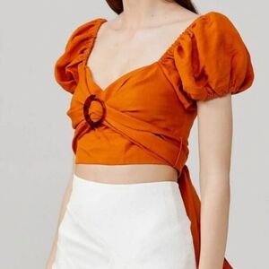 NWT Significant Other Solace Linen Copped Top Puff Shoulders Amber S‎ 4